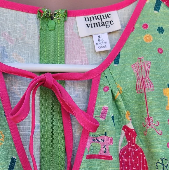 Unique Vintage 1940s Retro Sewing Print Dahlia Swing Dress - Picture 6 of 8